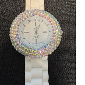 Kirks Folly Crystal Rhinestone Watch AB Bezel White Band Working